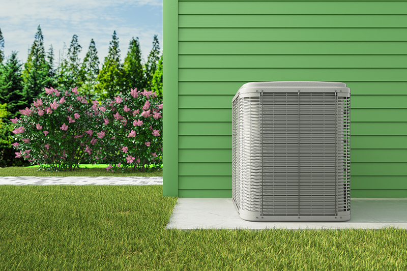 Heat Pump System Installed on Modern Building Exterior. 3D Render.